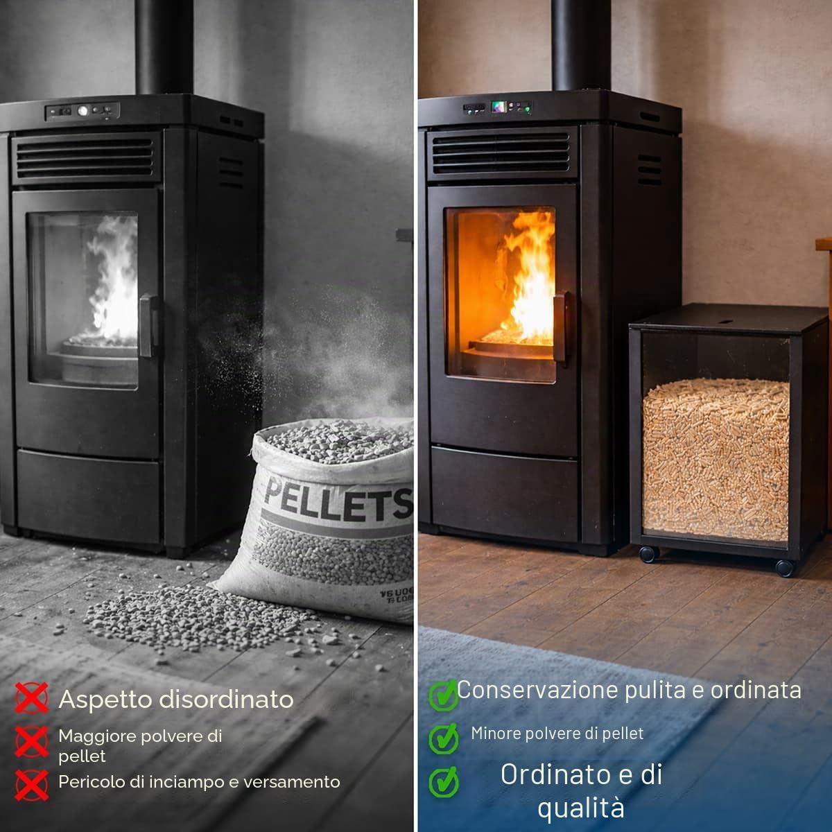 MS Beschläge Pellet Box in metallo nero con ruote e parabrezza, contenitore mobile per pellet con coperchio, per stufa a pellet e camino, robusto carrello a pellet per pellet di legno fino a 35 kg