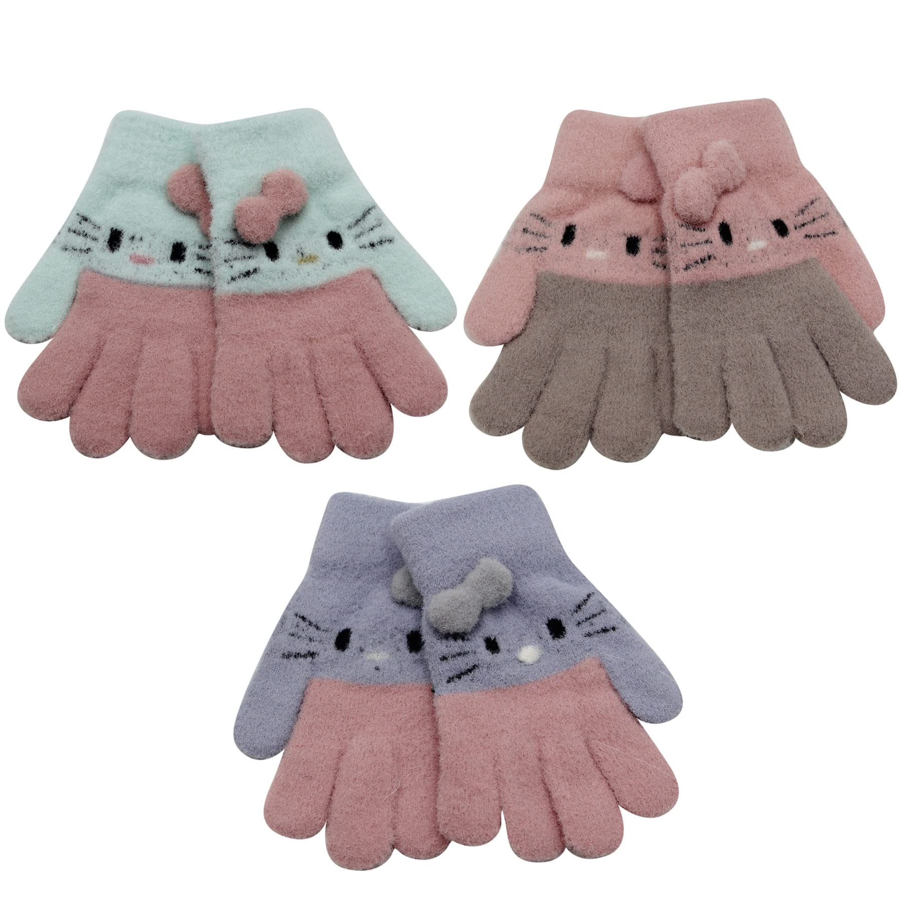 RARITYUS 2 or 3 Pairs Kids Cute Cat Warm Gloves Winter Knitted Mittens for Boys Girls Toddler 0-15 Years old