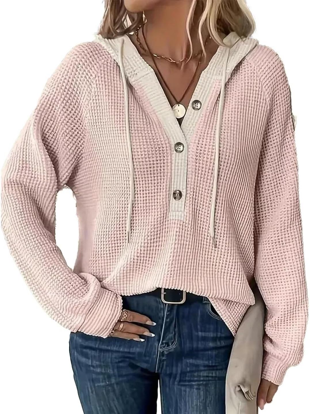 Flamingals Women’s V Neck Long Sleeve Waffle Knit Tops Oversized Lightweight Pullover Pink Hoodies Shirts