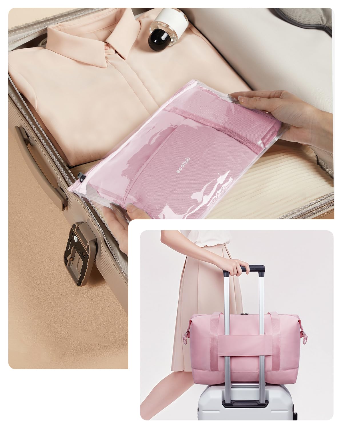 ECOHUB Borsone da Viaggio Pieghevole, Borsa da Viaggio Resistente All'acqua 40x30x20 per Ryanair, Bagaglio a Mano con Tasca Rimovibile per Oggetti Bagnati per Palestra, Aereo, Weekend,24L Rosa