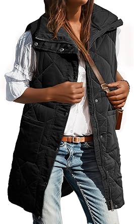 Dokotoo Womens Casual Winter Long Puffer Vest Stand Collar Sleeveless Puffy Jackets Coat with Pockets