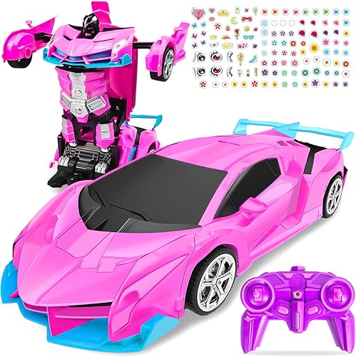 Coche a control remoto, juguetes de auto para niñas, regalos de cumpleaños, 118, robot de transformación rosa, con luces LED giratorias de 360 y un