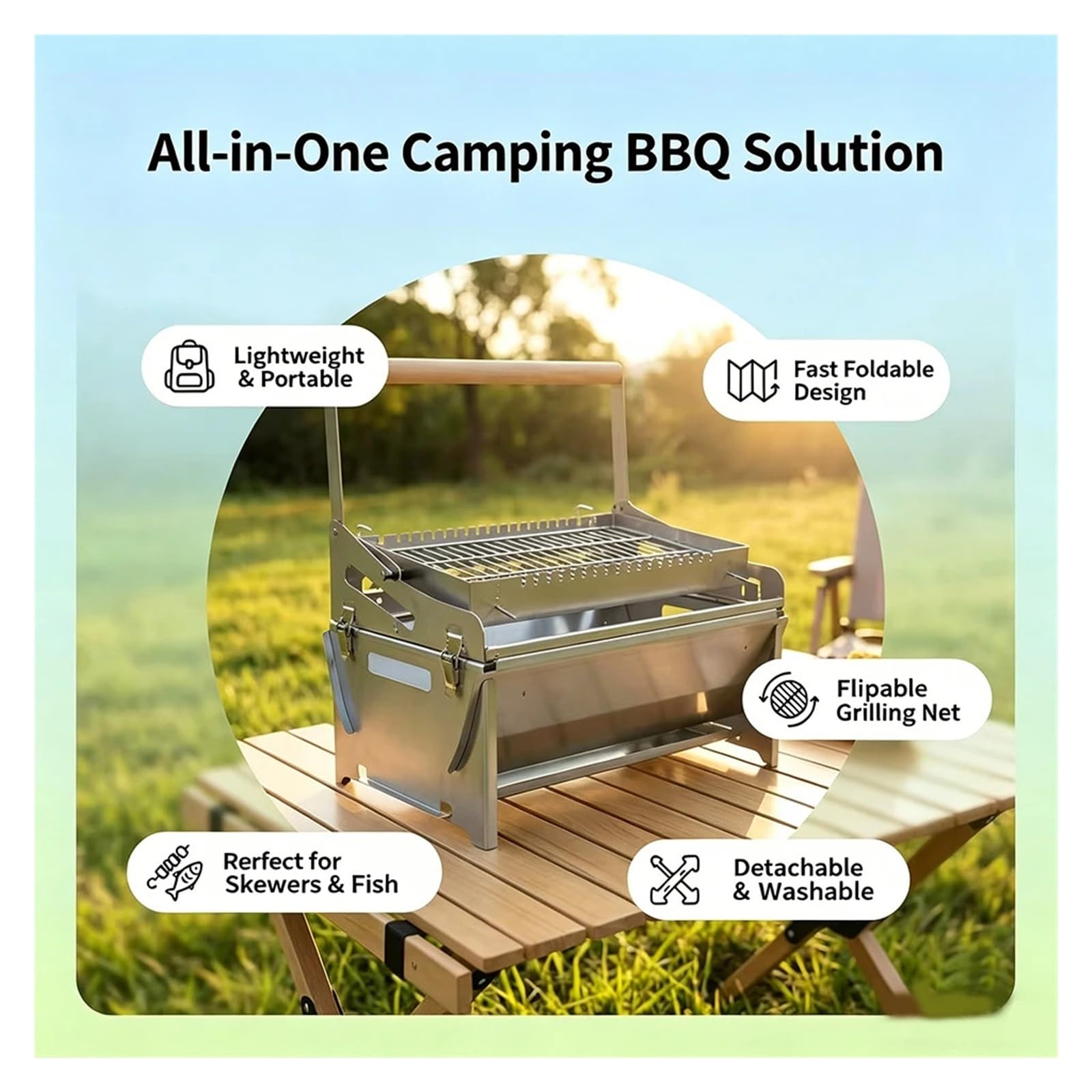 Parrilla De Carbón Plegable, Compatible Con Universal, Playa for Acampar Al Aire Libre
