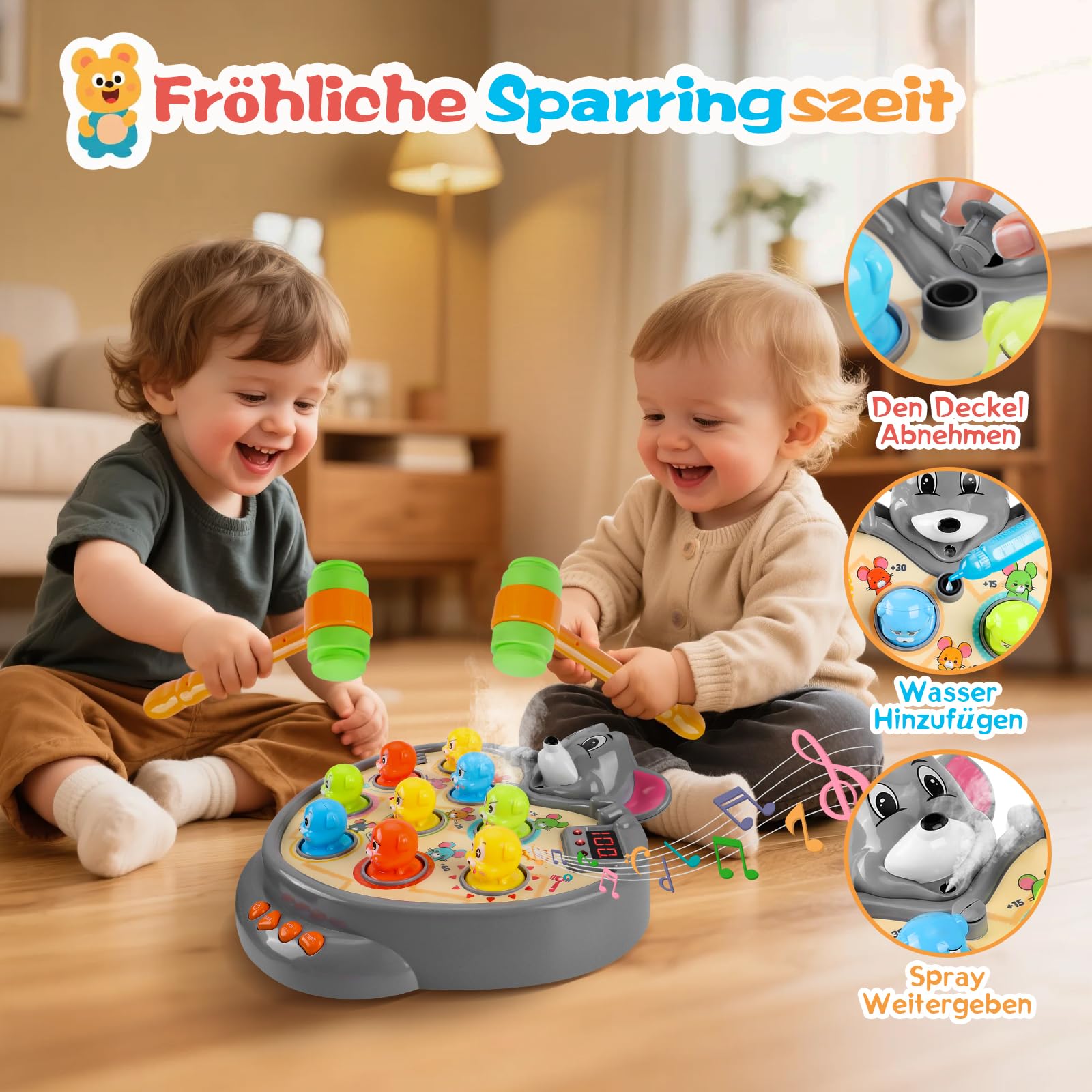 YOOHBERRYS Whack Spiel, Schlag den Maulwurf, Hammer Spiel mit 5 Spielmodi, 9 Musik, 2 Hämmern, Montessori Lernspielzeug Spielzeug für Kleinkinder und Kinder ab 3 4 5 6 Jahren
