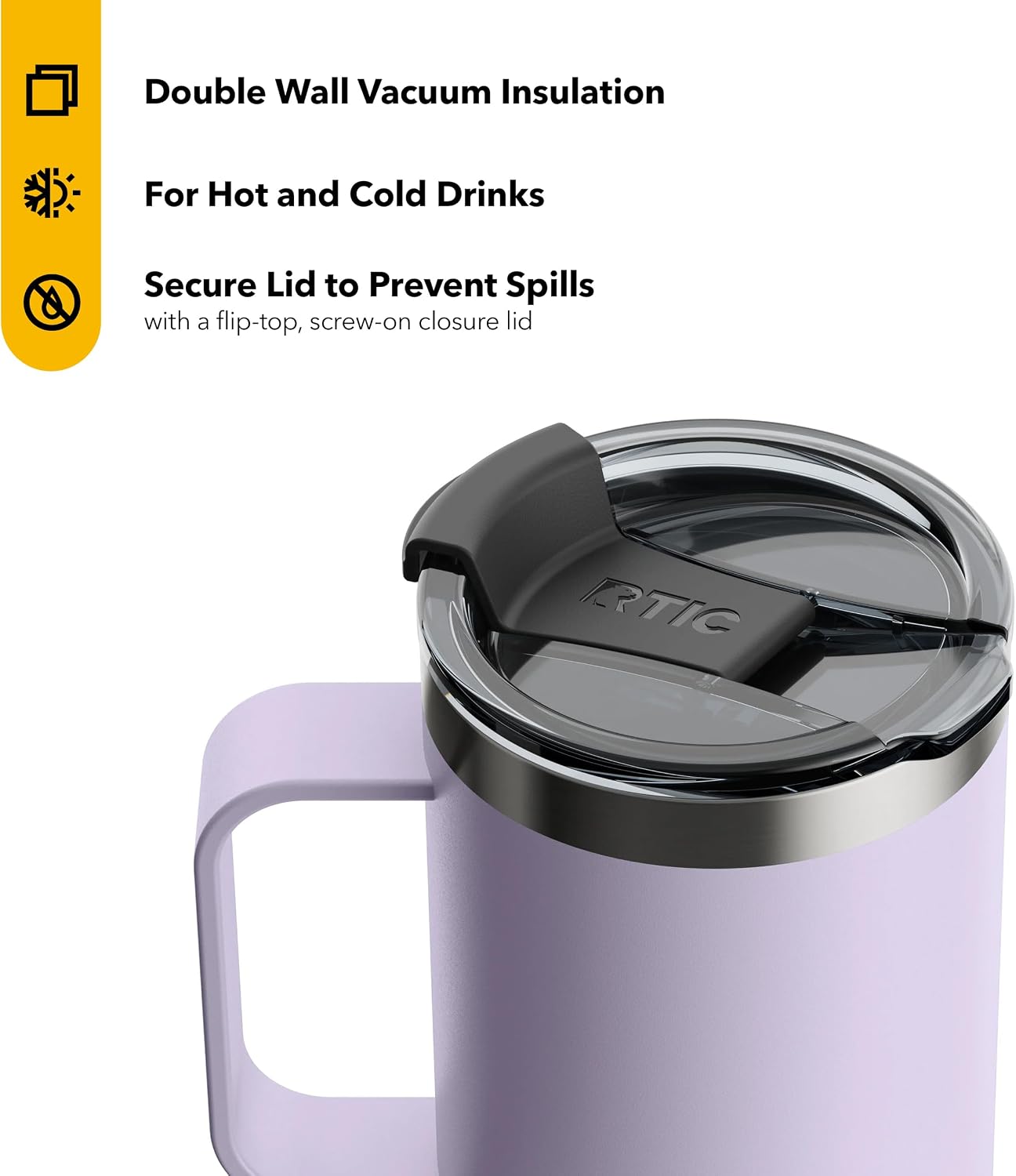 RTIC 16 oz Coffee Travel Mug with Lid and Handle, Stainless Steel Vacuum-Insulated, Hot and Cold Drink, for Car, Camping, Dusty Lilac