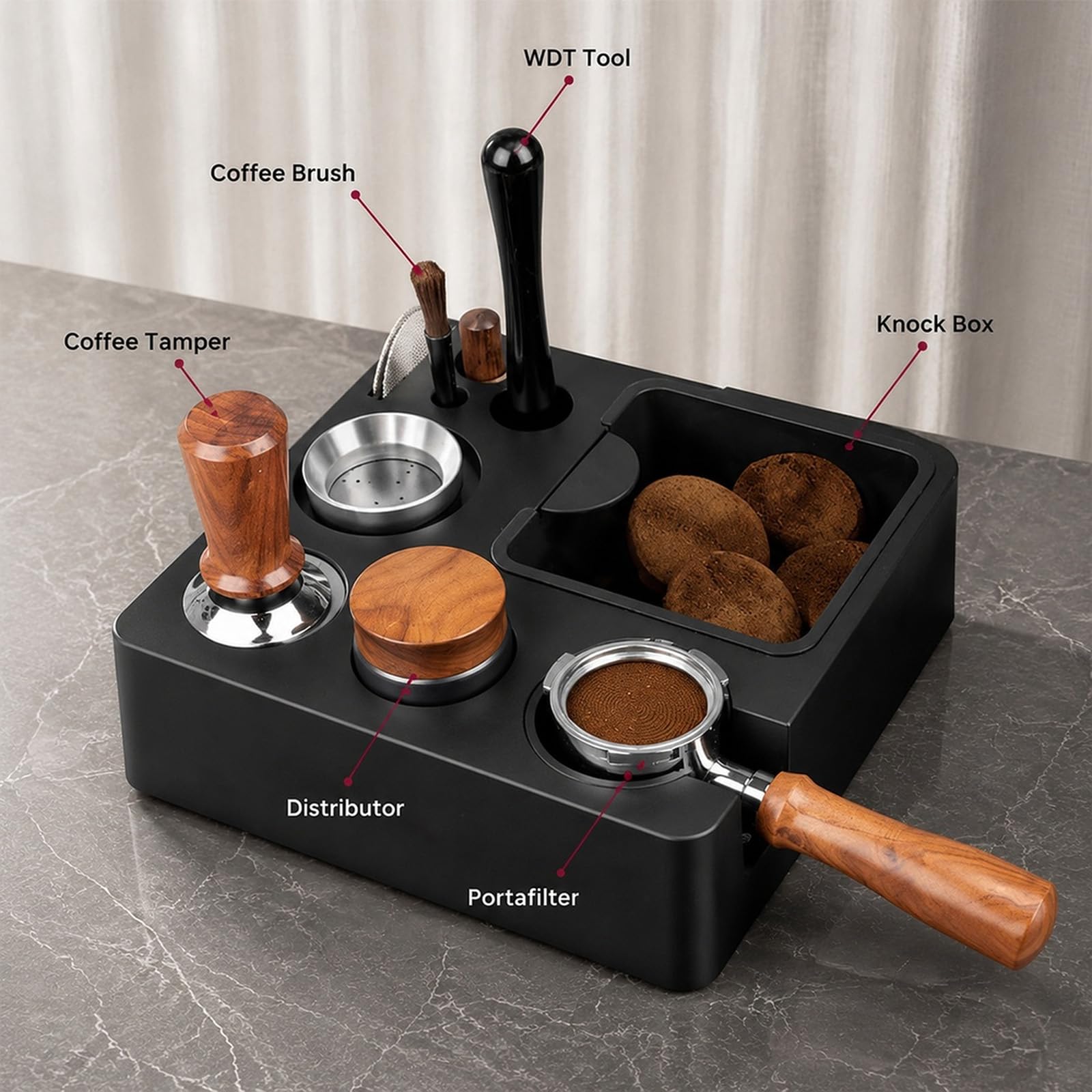 Estación de tampado para portafiltros de 51 – 58 mm, 4 en 1, con recipiente para posos de café, portafiltros y soporte para tamper (cuadrado)