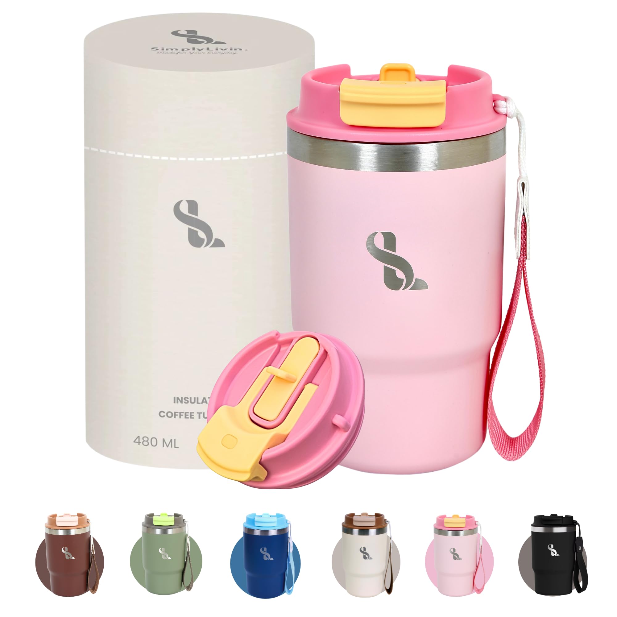 Premium Tumbler with Lid and Straw | 480ml (16oz) | Hot and Cold Drinks | Leak Proof | Travel Mug | Coffee Cup | Double Wall Stainless Steel | Unique Packaging for Gifts | Light Pink