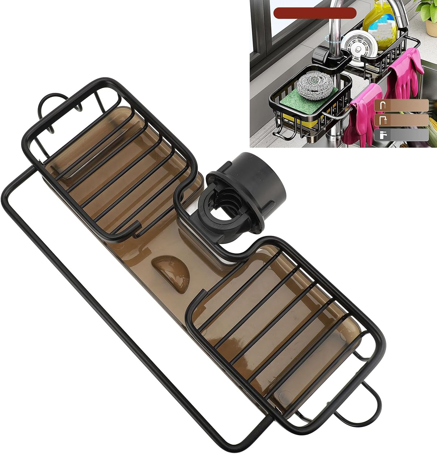 Brrnoo Double Sides Kitchen Sink Faucet Organizer Sponge Holder Rack with Drain Tray and Hook, Fast Drying Hanging for Brush Soap Cloths Drain Stopper (Black)
