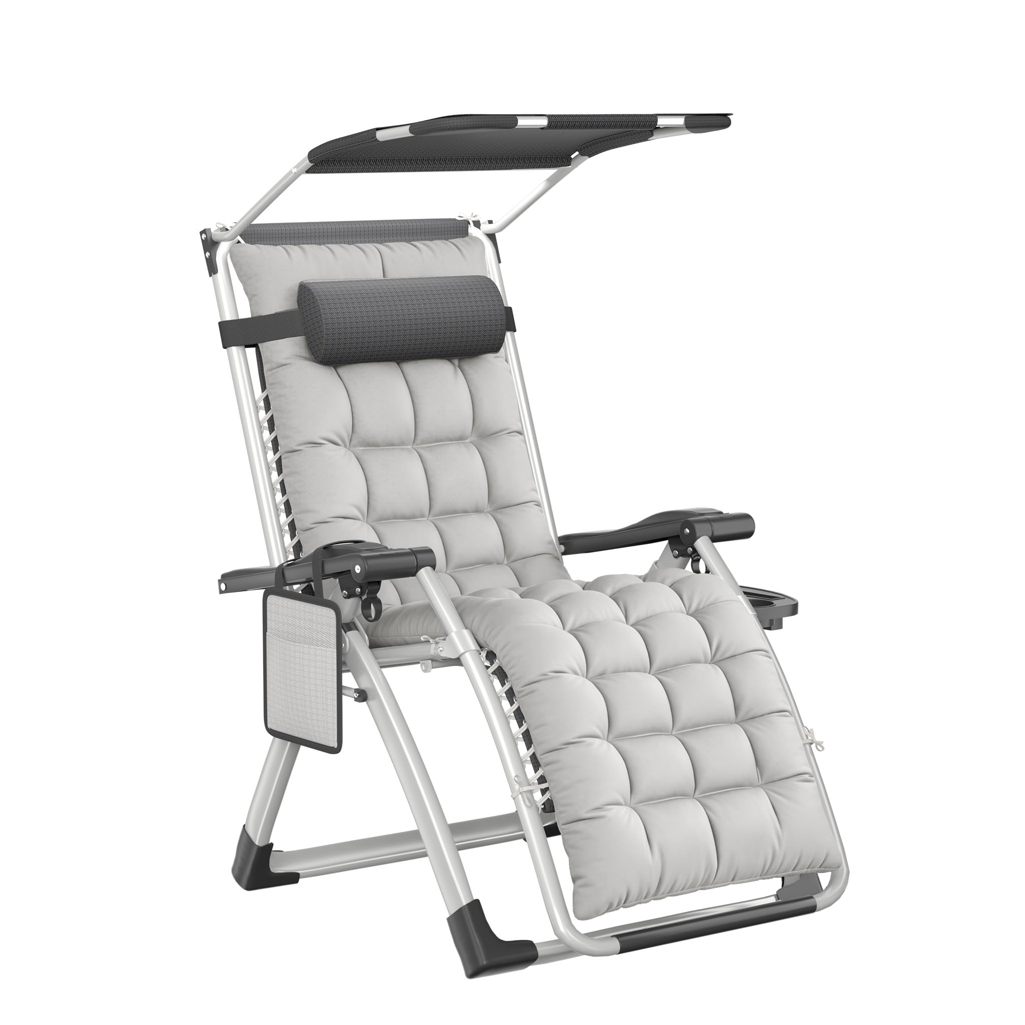 YEATHOR 1 Pack Sun Lounger with Canopy for Garden Heavy Duty Zero Gravity Chair Padded Folding Deck Recliner 90-170° with Pillow, Cup Holder&Pocket Textilene Steel Frame 150kg Capacity, Light Grey