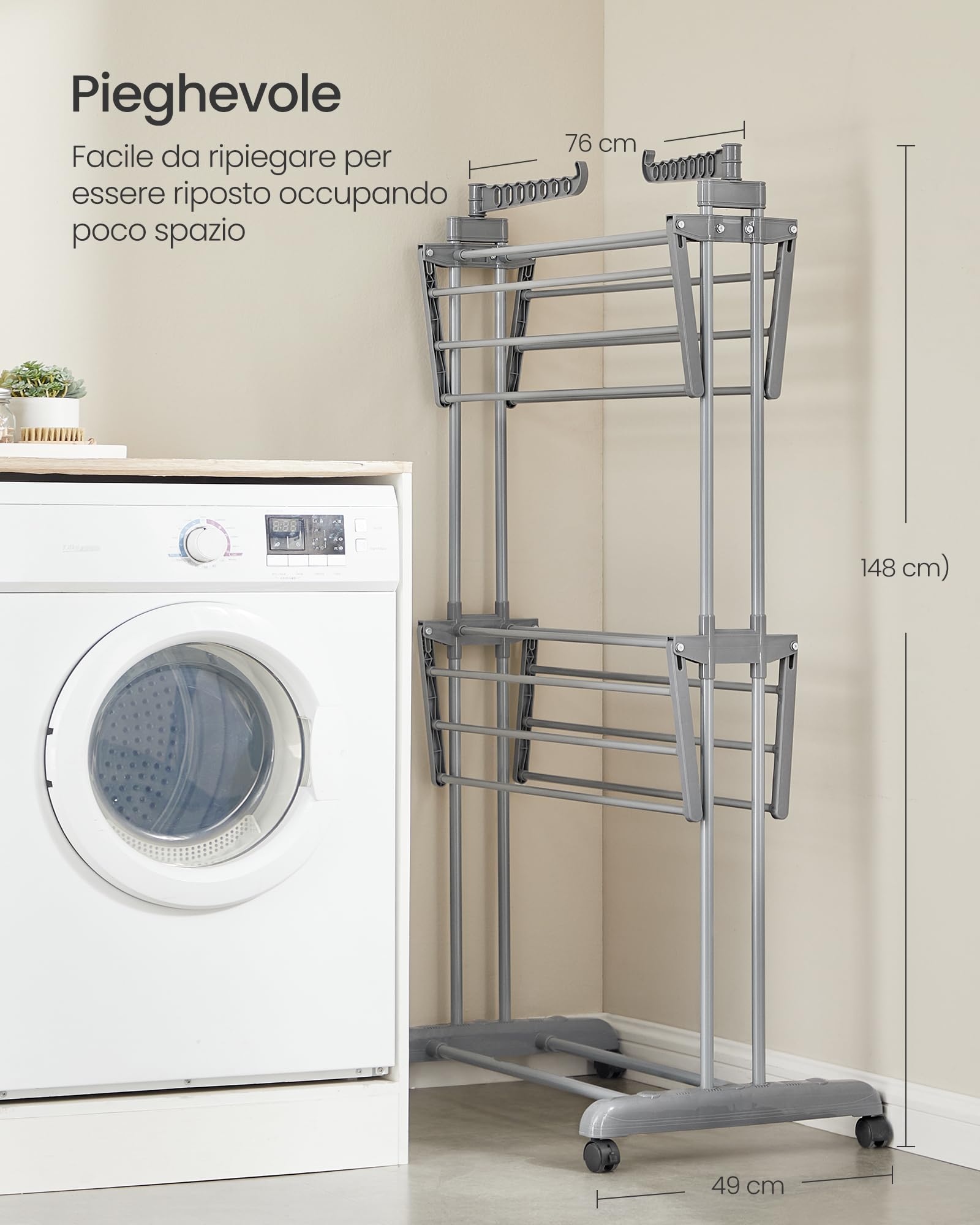 SONGMICS Stendibiancheria, Stendino Pieghevole a 3 Livelli, con Ruote e Ali Richiudibili, 63,5 x 128 x 148 cm, Capiente, Uso Interno ed Esterno, Grigio Tortora LLR702G01