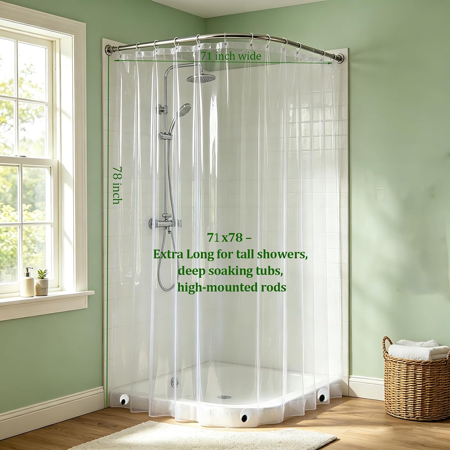 10G Heavy Duty Shower Curtain Liner 78 Inches Long, 100% EVA Weighted Extra Long Clear Shower Curtain with 3 Large Magnets and Rustproof Grommets for Bathroom,Odorless & Waterproof, 71x 78 Inch