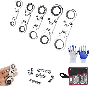 Dual-Drive Nano Flex-Head Pocket Ratchet,5 Pcs 3/4 Flex Head Ratcheting Wrench Set,180 Mini Retractable Double Box End Ratcheting Wrenches Set,Ratchet Spanner Crooked for Narrow Spaces Gloves