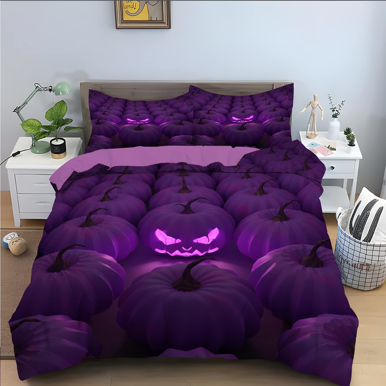 Housse de couette 220x240 violette citrouille avec 2 taies d'oreiller en microfibre pour lit 2 places