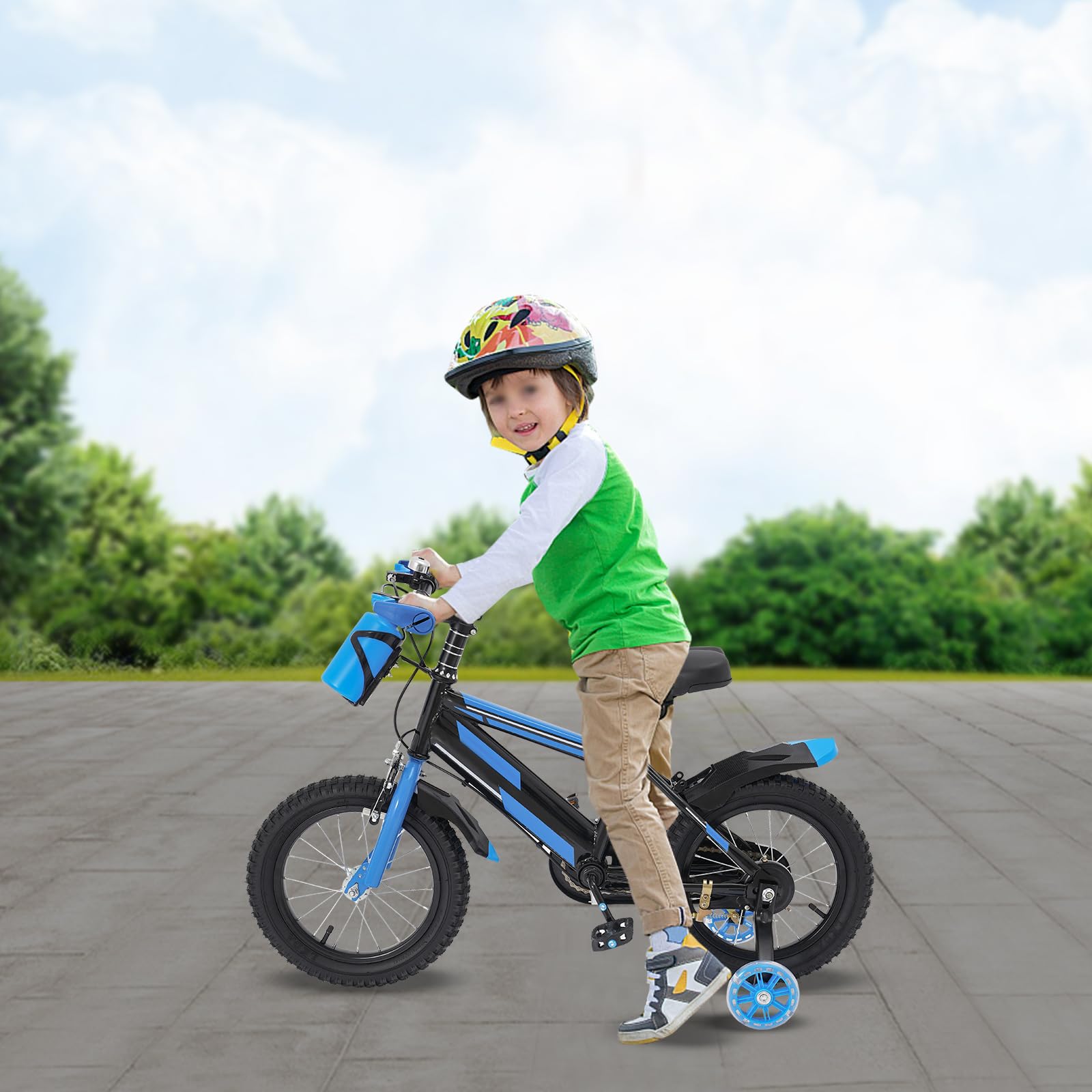 14 Zoll Kinderfahrrad für ab 3-7 Jahre Jungen & Mädchen, Upgraded Blau Kinder Fahrrad mit Stützrädern, Höhenverstellbar Kinderfahrräder mit Schutzblech und Trinkflasche für Outdoor Reiten