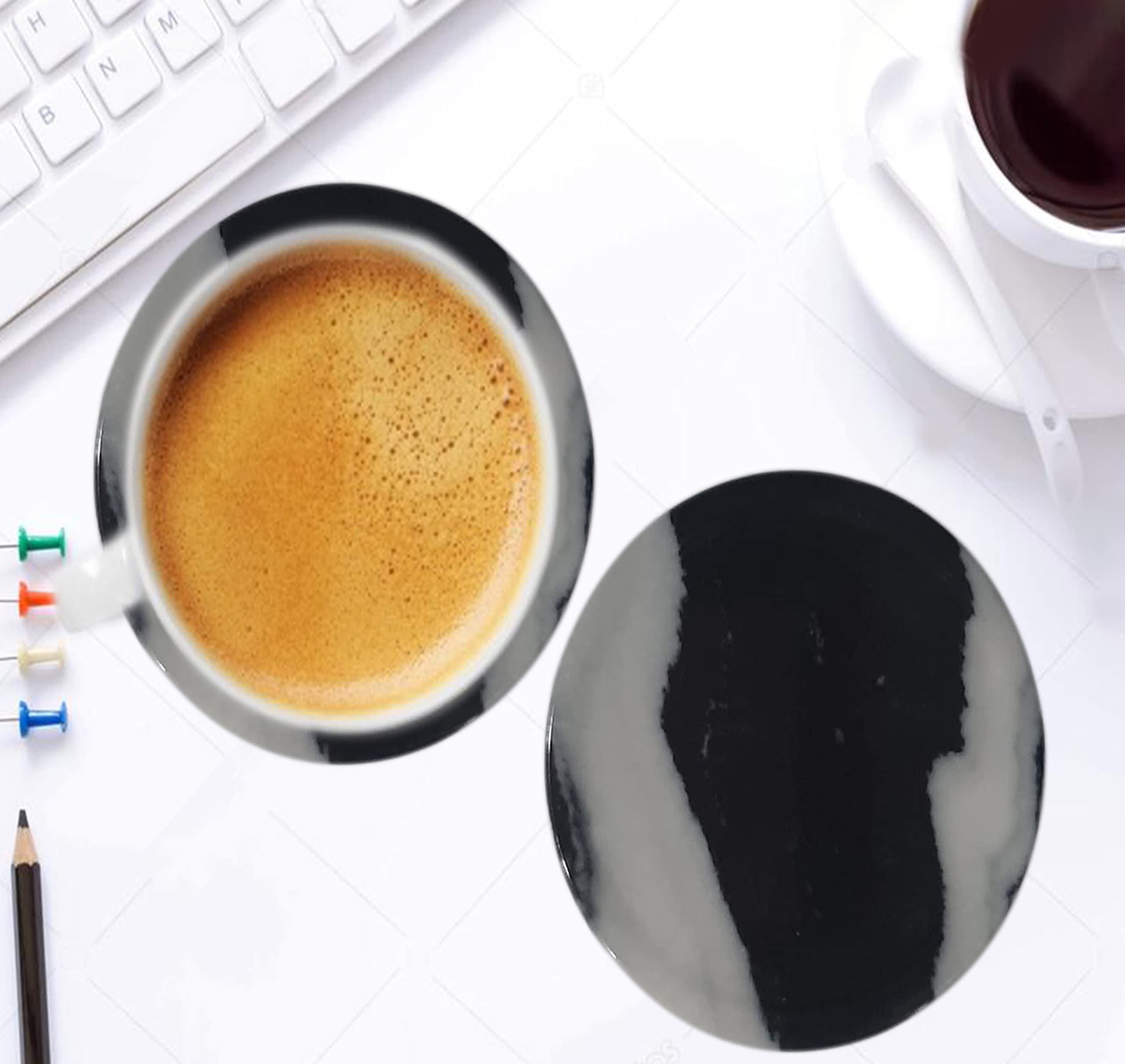 ZIDO 6 Piece Unbreakable Melamine Italian Black Marble Design Coaster Set with Holder for Tea Cups, Coffee Mugs, Beer cans, Water Glasses, Juice tumblers, etc.