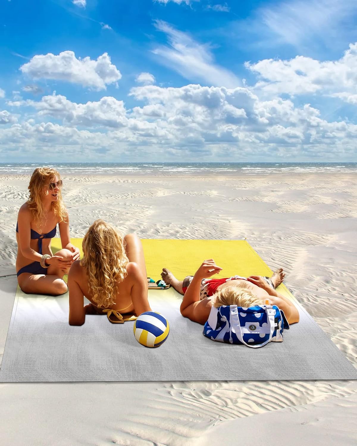 Yellow White Grey Ombre Art Beach Blanket Waterproof Sandproof Outdoor Picnic Mat 118"x108" Colorful Gradient Lightweight Large Beaach Blankets with 4 Stake & 4 Corner Pockets