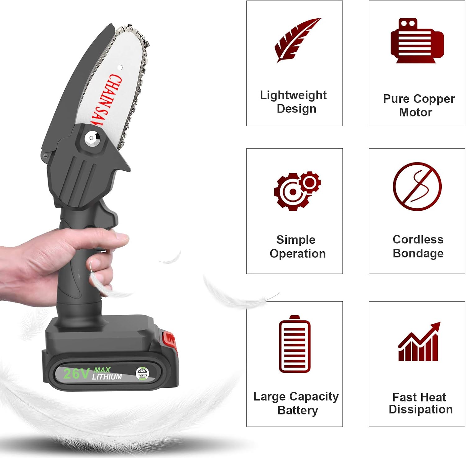 Mini Chainsaw, RIRGI 4-Inch Cordless Power Chain Saws, Pruning Shears Chainsaw, Portable 26V Electric Chainsaw, Household Small Handheld Electric Saw for Wood Cutting, Tree Pruning and Gardening