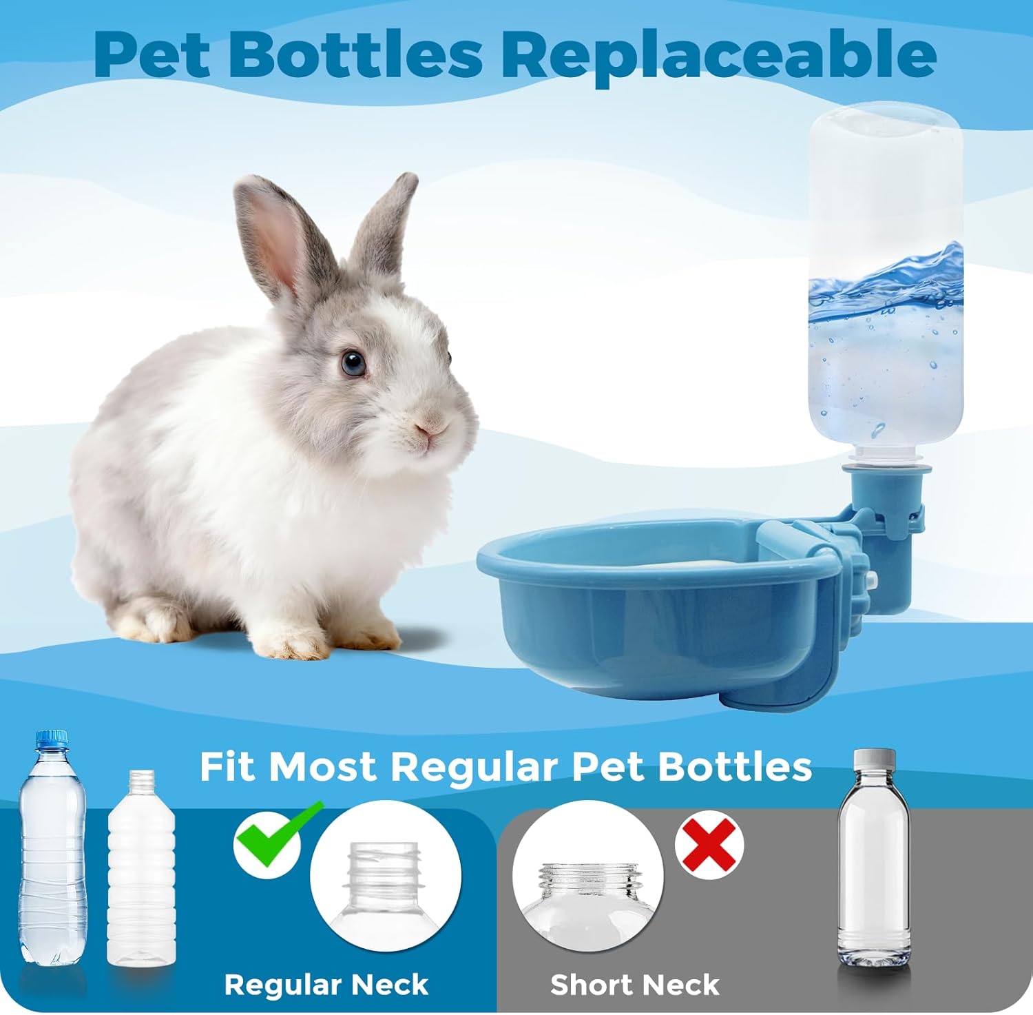 vannon 16oz pet water bottle, gravity dog water bowl dispenser for cage, anti-overflow water dispenser for small dogs, cats, rabbits and other small animals, bpa free, blue 16oz b-blue