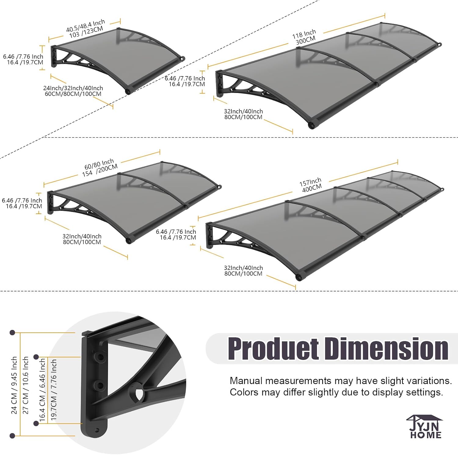 Window and Door Awning Exterior,40x80 Inch Polycarbonate Overdoor Entrance Canopy with Drainage,UV Rain Snow Sun Shade Protection,House Overhang Shelter Awnings for Outside,Patio,Porch,Deck