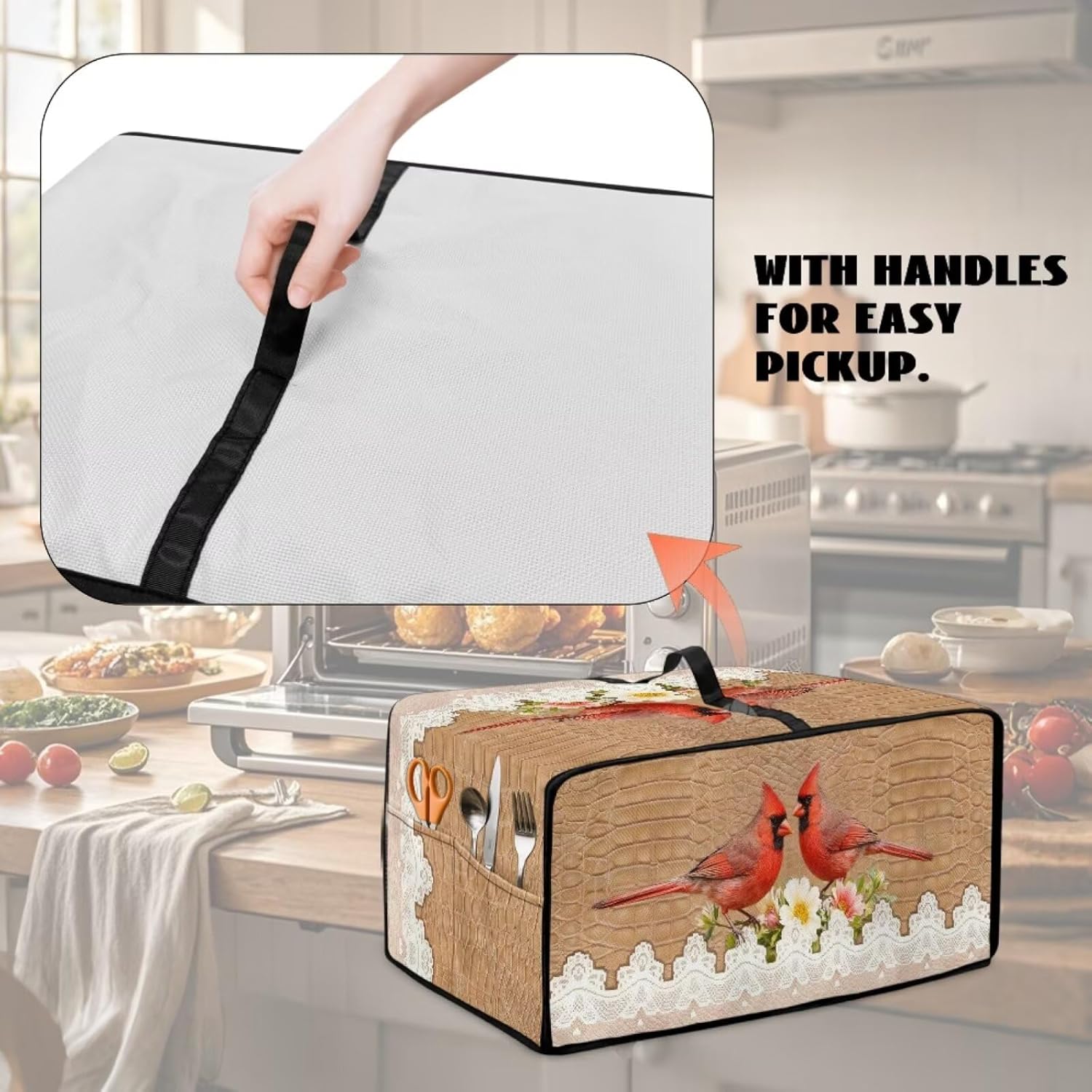 Cardinal Floral Print Toaster Oven Cover Dustproof Toaster Oven Air Fryer Cover with Accessory Pockets Heat Resistant Kitchen Small Appliance Protector, M, Brown