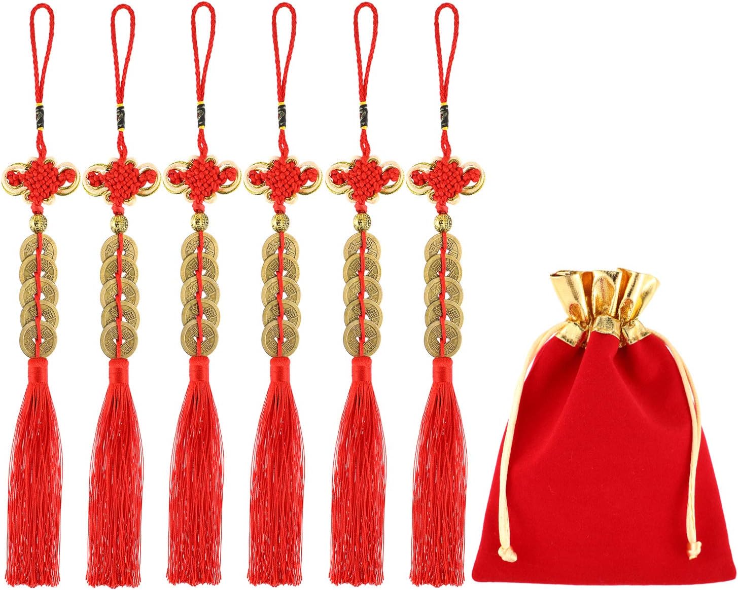 Blulu 6 Pieces Chinese Lucky Coins Feng Shui Coins Knot Emperor Lucky Coins I-Ching Fortune Coin and Storage Bag for Good Luck and Healthy