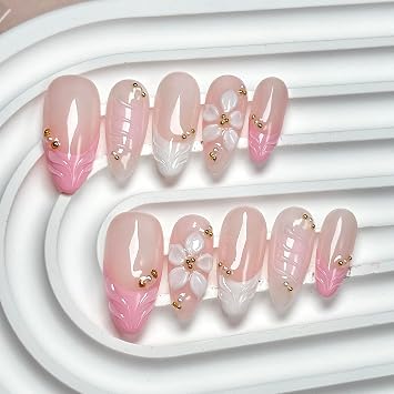 CTTHNBD Medium Press on Nails Almond - Handmade Fake Nails with Flower Design - Pink, French Tip False Nails - for Women Size M