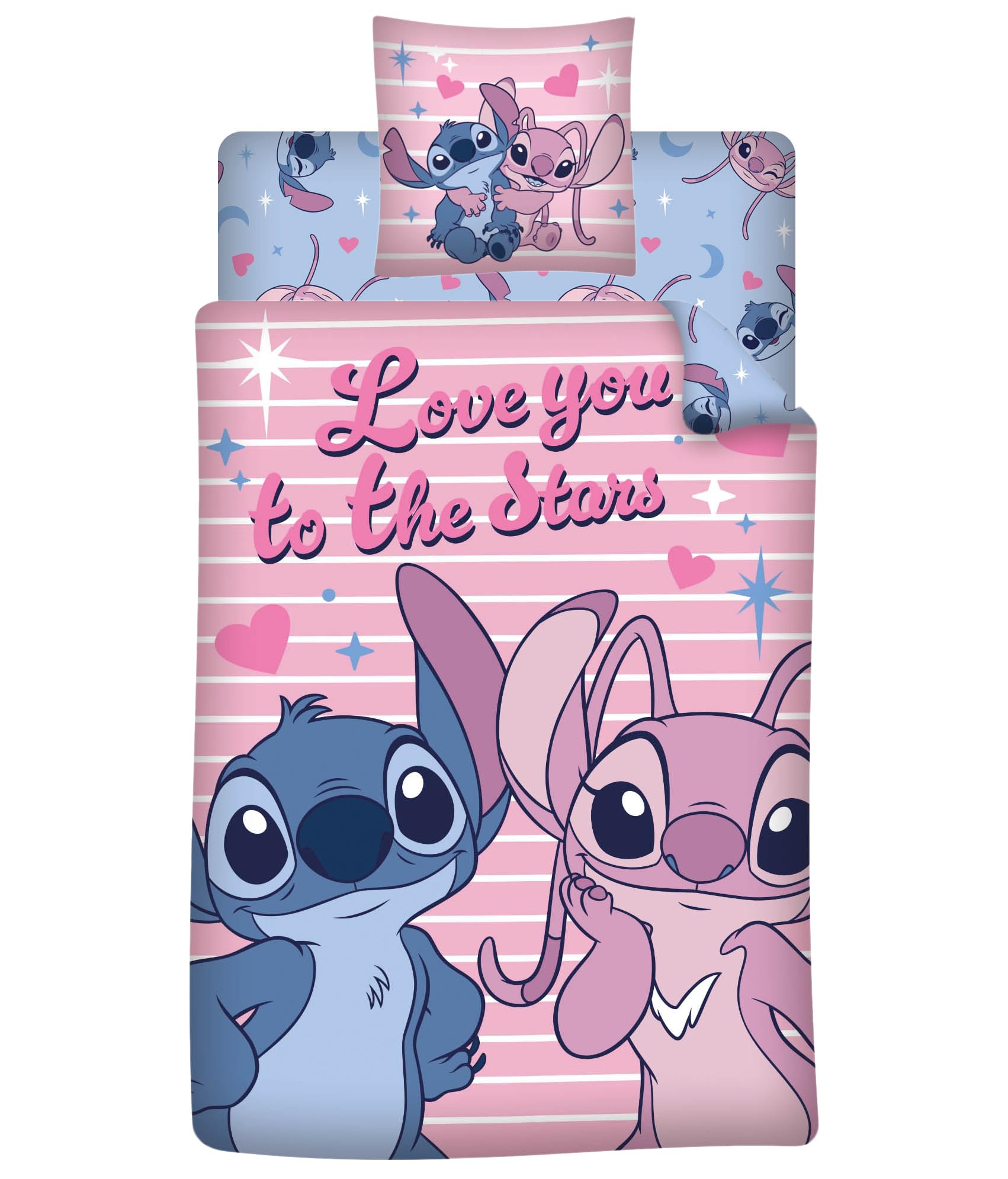 Stitch & Angel Parure de Lit 3 Pièces 140x200 + Drap 90x200 Love Stars | Housse de couette polycoton Oeko-Tex | Compatible 90x190-200 | Love You to the Stars | Licence Disney | Fille | Réversible