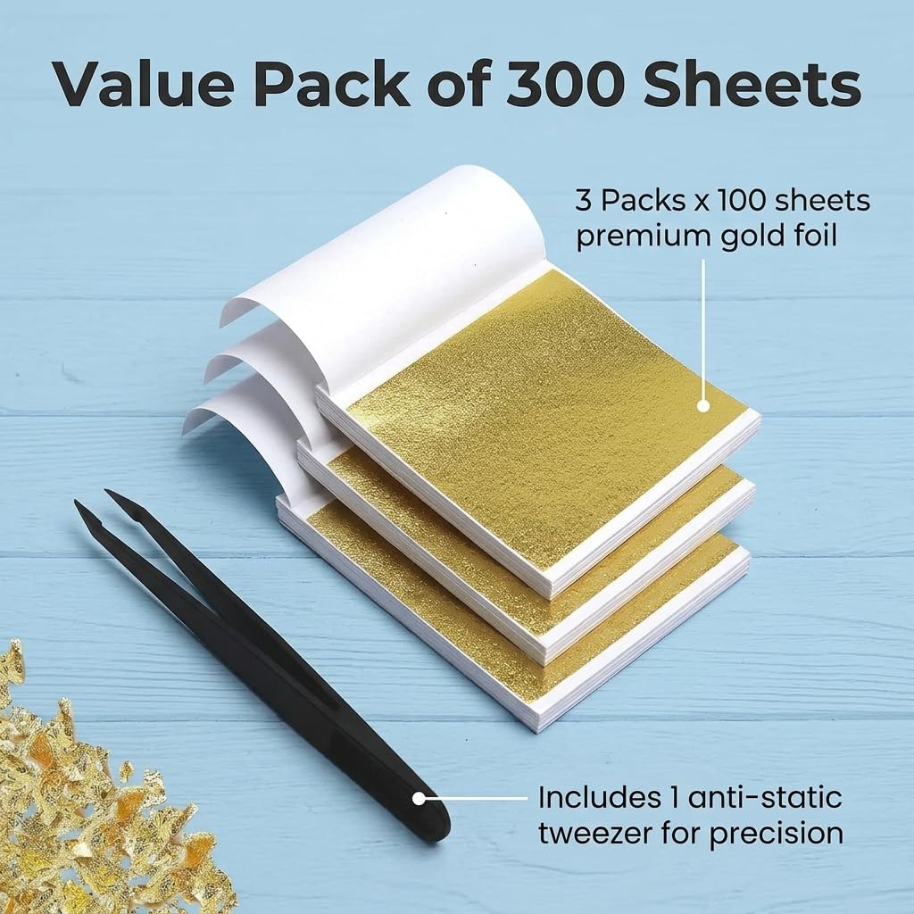 Juego de 300 hojas de imitación de oro con pinzas, lámina de oro de alta calidad para manualidades, papel dorado para manualidades, proyectos de arte, decoración, muebles, dorado, hoja de cobre