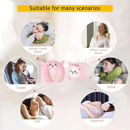 Miniatura 6 de Almohada de viaje para niños, almohada de cuello deformable 2 en 1 para niños, almohada suave en forma de U con adorable diseño de animales, cómodo