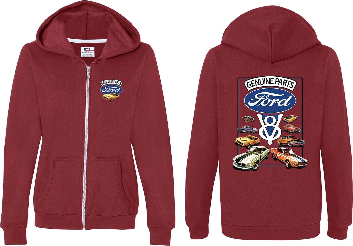 Ladies Ford Mustang Full Zip Hoodie V8 Collection Front and Back
