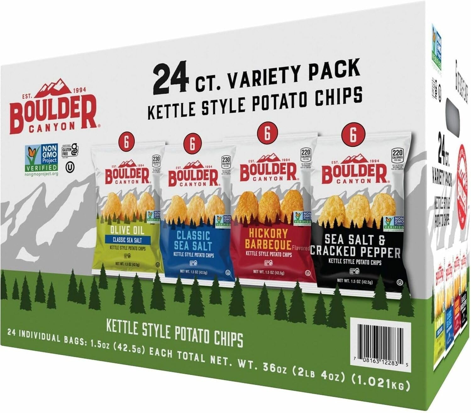 Boulder Canyon Kettle Style Potato Chips Variety Pack, 24 Count, Assorted 1.5oz. Bags, Olive Oil Classic Sea salt, Hickory BBQ, Sea Salt & Cracked Pepper, Classic Sea salt