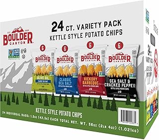 Boulder Canyon Kettle Style Potato Chips Variety Pack, 24 Count, Assorted 1.5oz. Bags, Olive Oil Classic Sea salt, Hickory BBQ, Sea Salt & Cracked Pepper, Classic Sea salt