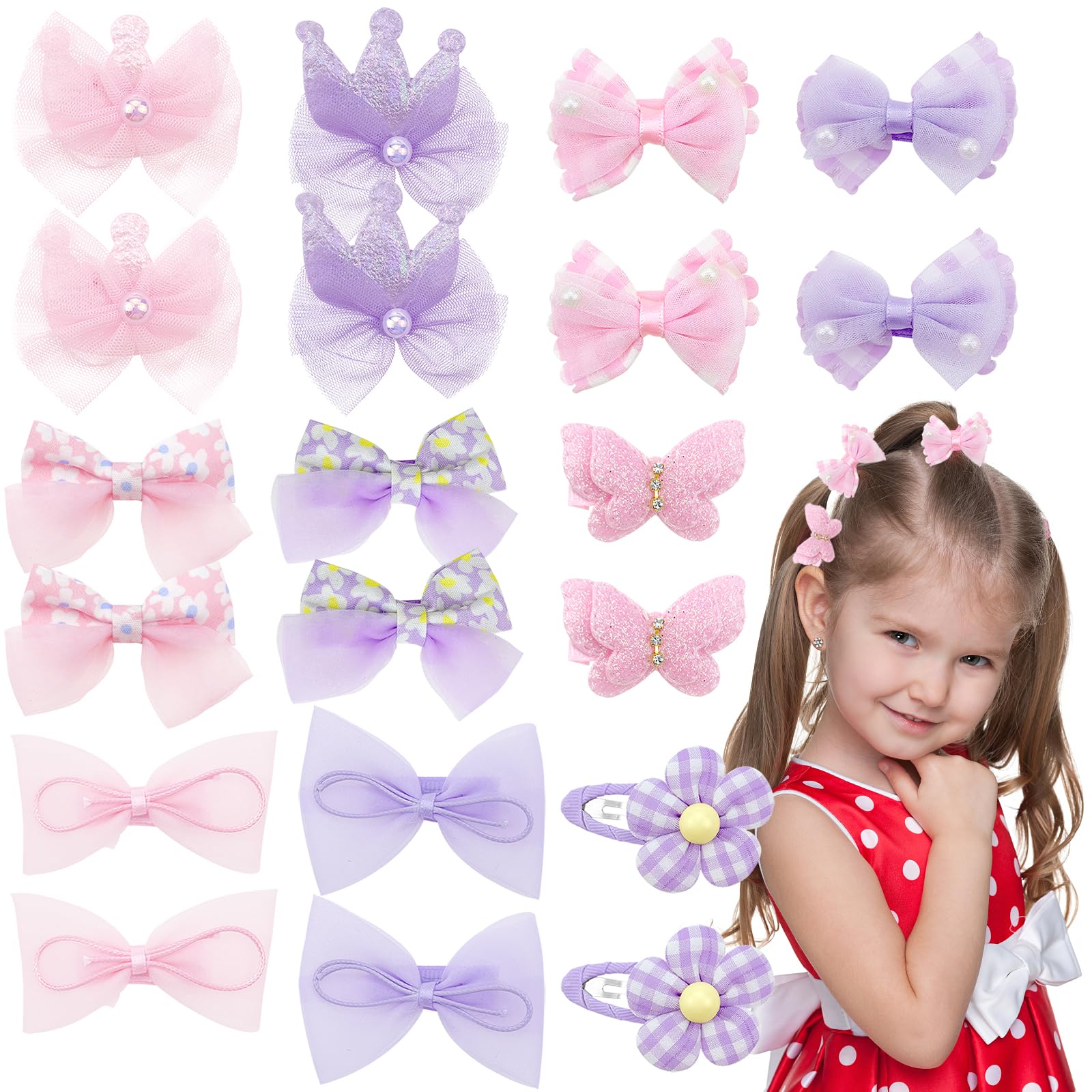 20PCS Children Hair Bow Flower Clips,Pink Purple Rops Barrettes,Elastic Ponytail Holders, for Girls, Multicolor, 1 count (Pack of 20)