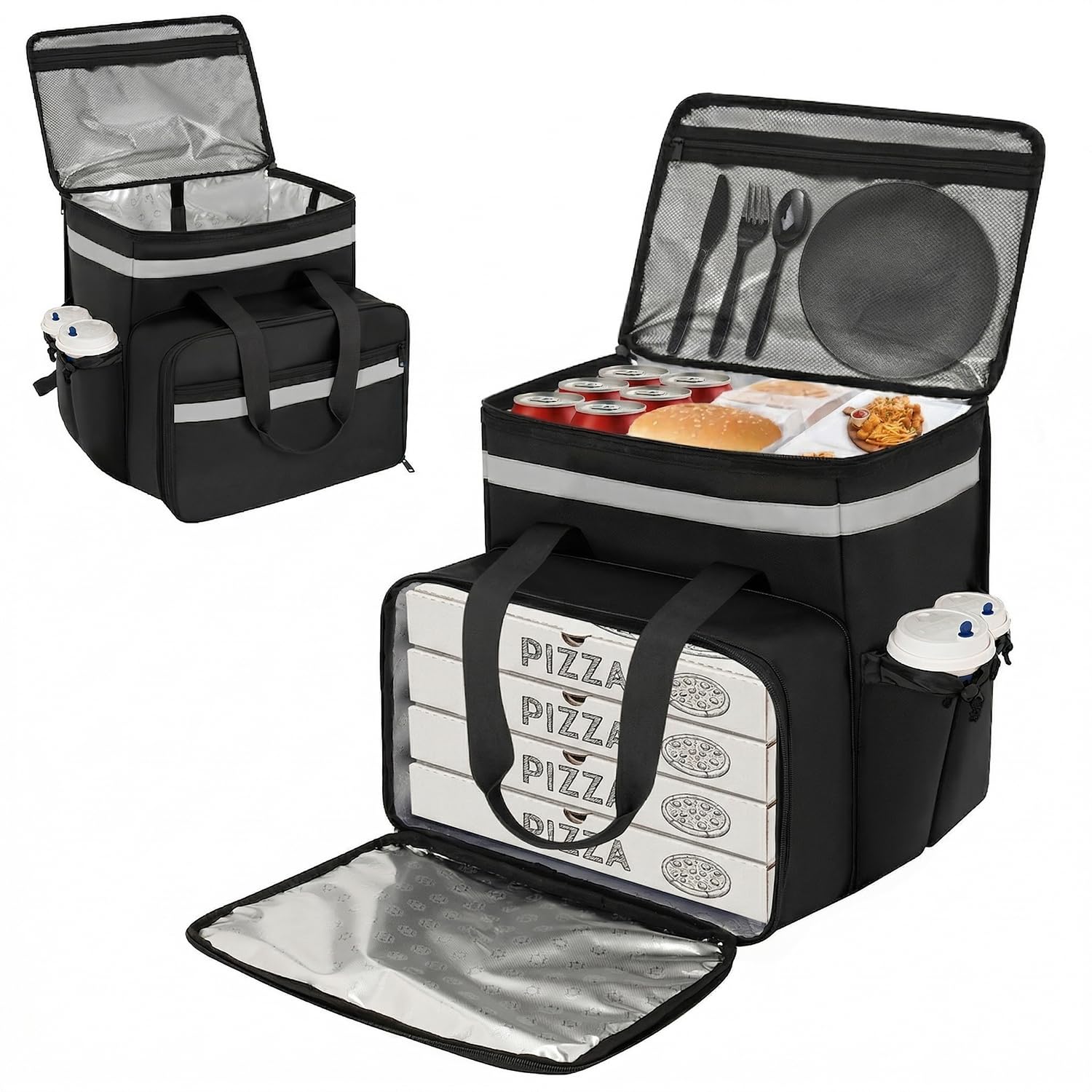 Liefertasche für Essen, Erweiterbarer Liefer Rucksack mit 4 Getränkehaltern, Große Isolierte Pizza Tasche für Warme/Kalte Speisen, Reflektierender Kurier Rucksack, Schwarz