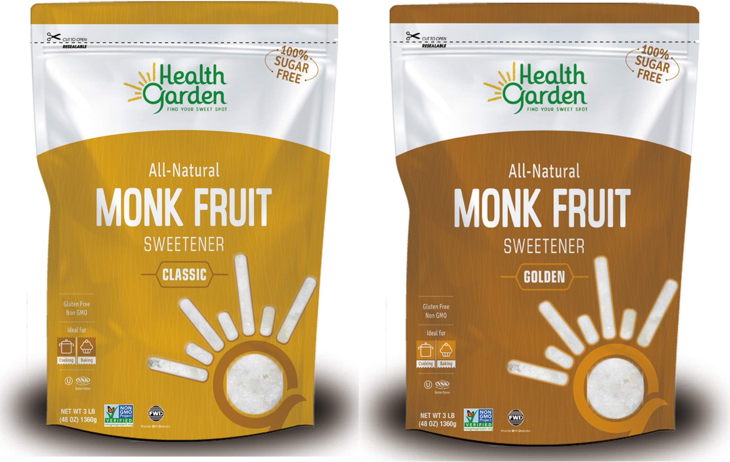 Health Garden Monk Fruit Sweetener, Classic / Golden - Non GMO - Gluten Free - Sugar Substitute - Kosher - Keto Friendly (3 lbs x 2)