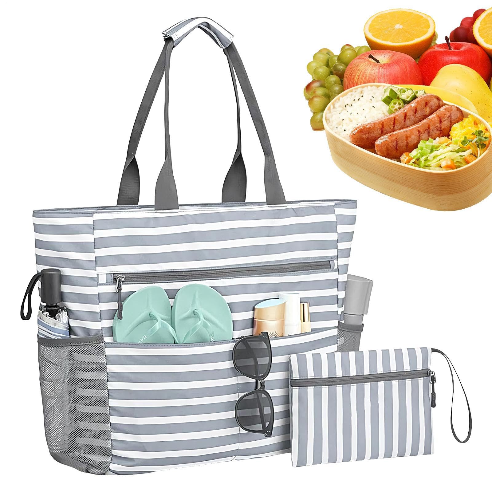 Strandtasche Für Damen | Schwimmbad Strandtasche Mit Münzgeldbeutel,Faltbare Wasserdichte Tragetasche Mit Reißverschluss Für Reisen Camping Picknick Pool Wandern Pendeln Gym Urlaub Arbeit