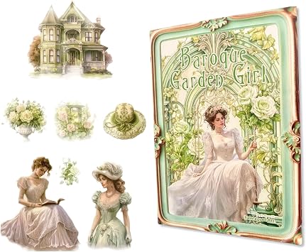 TIAMECH Jade Dance Steps Stickers Book - Baroque Victorian Garden Girl Series, 20 Sheets Waterproof PET Scrapbooking Stickers for Junk Journaling, Decorative Ephemera & DIY Crafts