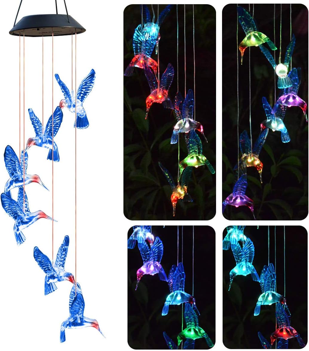 Chasgo Blue Hummingbird Wind Chimes, Color Changing Solar Wind Chimes Outdoor, Waterproof Hummingbird Decor for Garden Yard, Hummingbird Gifts for Mom Grandma Mother Women Birthday Christmas