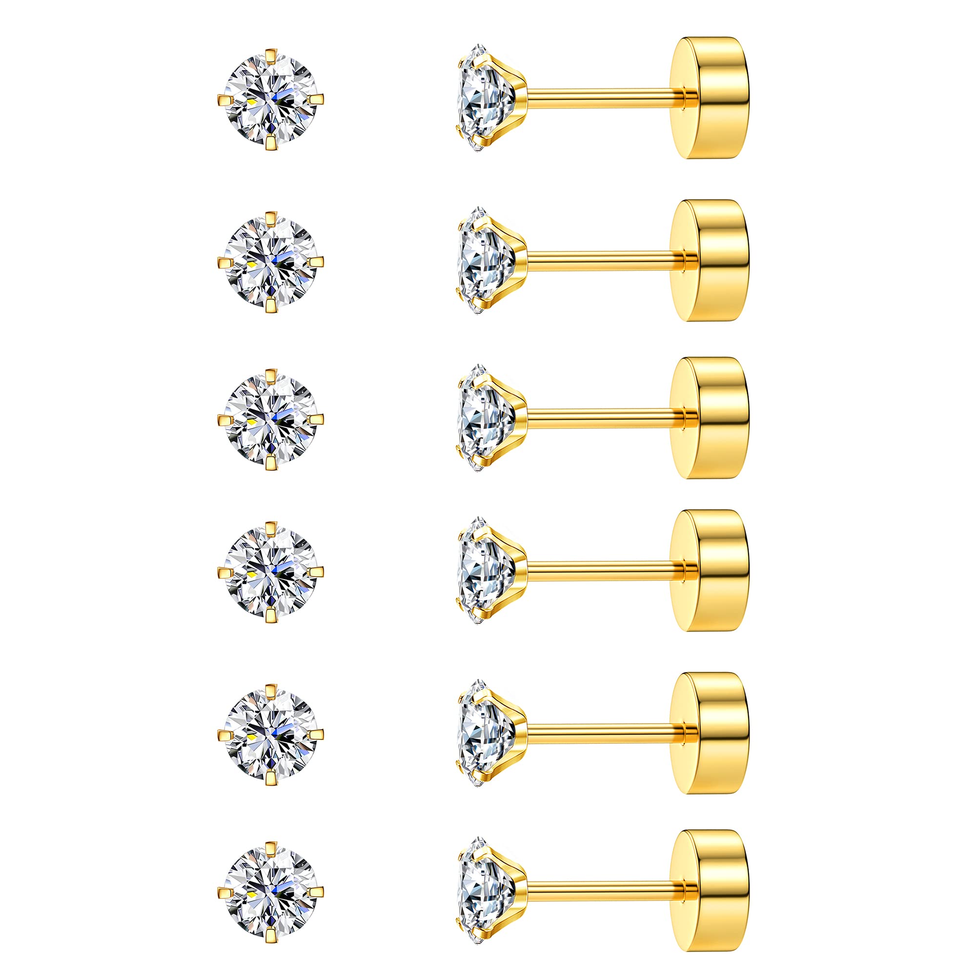 CASSIECA20G Cartilage Earring Stud for Women Men 316L Surgical Steel Flat Back Earrings Set, 2-6mm Round CZ Screw Back Stud Earrings for Cartilage Tragus Helix Piercing Jewelry
