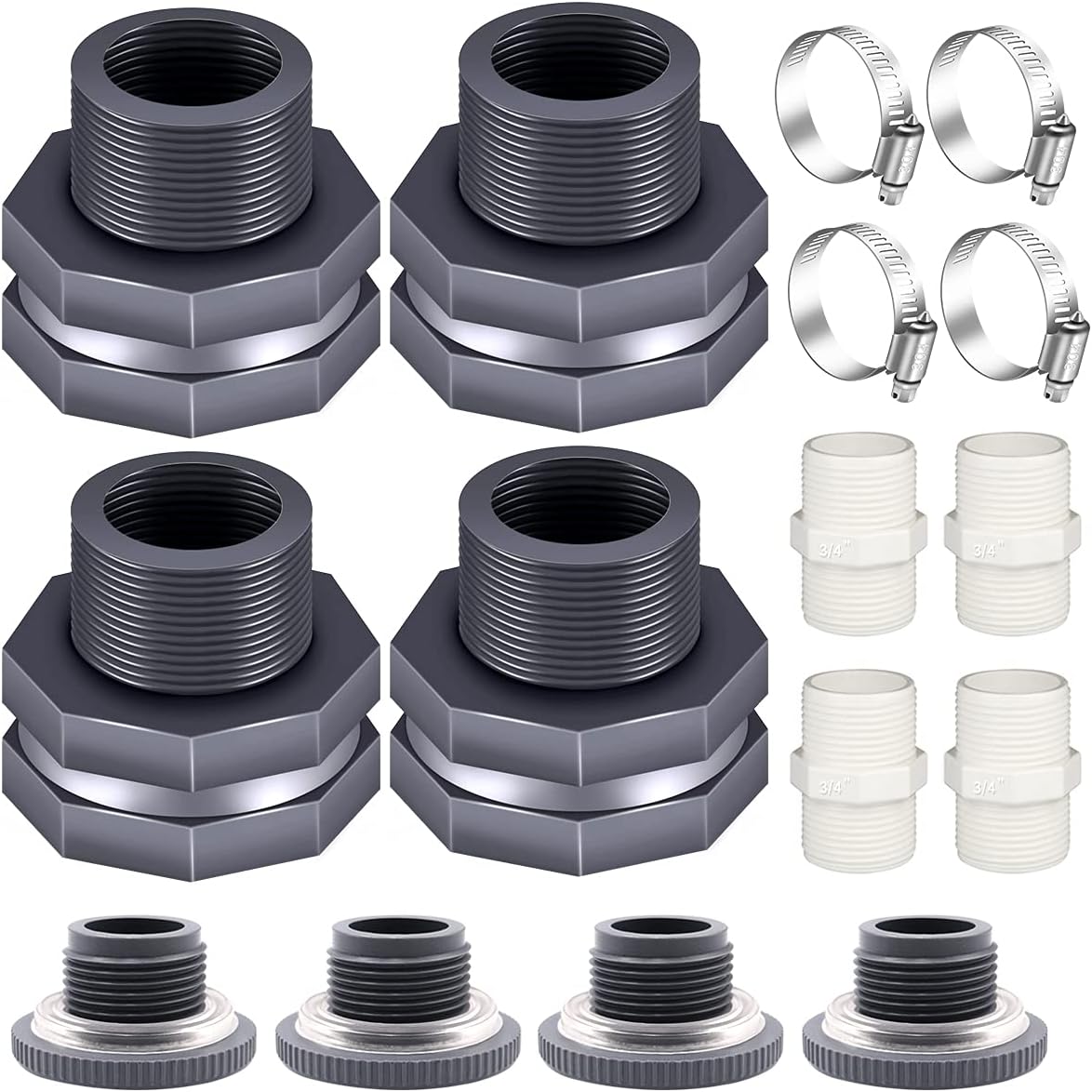 4PCS PVC Bulkhead Fitting 3/4 Inch with Plugs,water Pipe Connector,(21-38mm) Hose Clamps Kit,Water Tank Connector Adapter,Thru-Bulk Pipe Fitting for Rain Barrels,Water Tanks,Pools(Grey) H-07