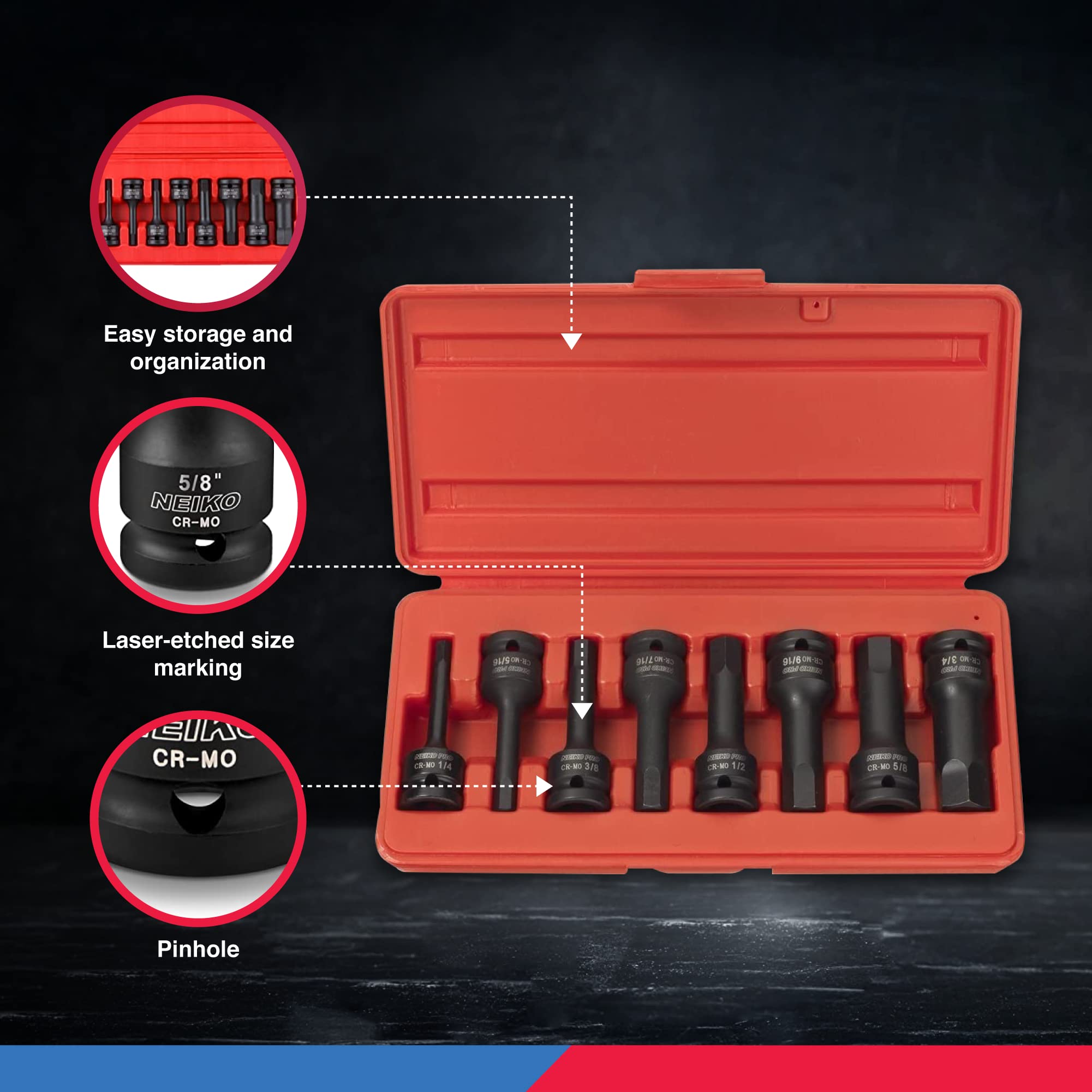 NEIKO 01137B 1/2-Inch-Drive Allen Socket Set, 3-Inch Length, 1/2-Inch Impact Hex-Bit Socket Set, SAE Hex Driver 1/4" to 3/4", CrMo Steel, Impact-Grade, 8-Piece Set