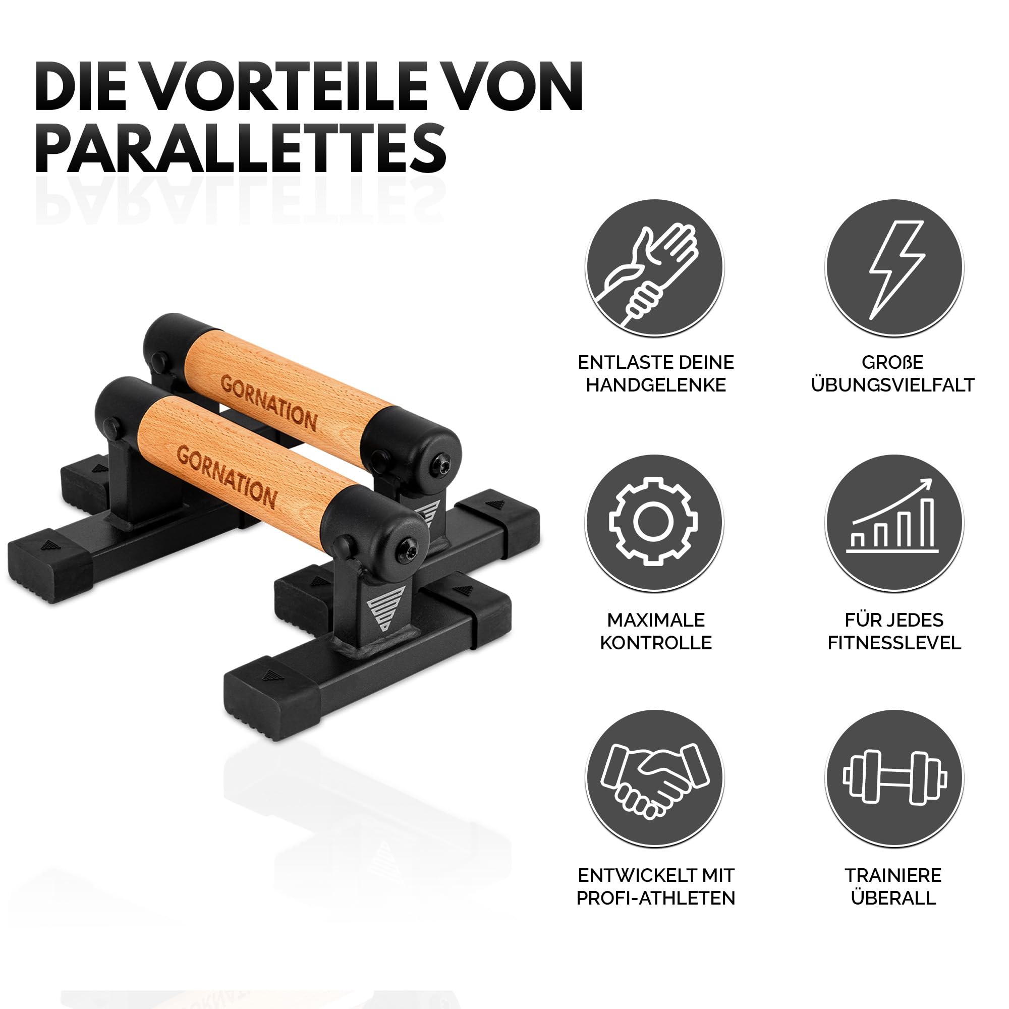GORNATION Parallettes, inkl. Grip Tape, Calisthenics Equipment für Handstand & Push Ups, Liegestützgriffe mit Griffen/Stangen aus Holz, Push-Up Bars für Fitness zuhause & Outdoor
