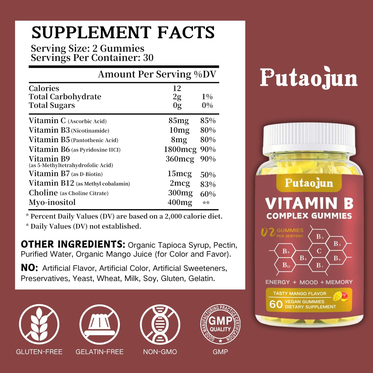 Vitamin B Complex Gummies with Vitamin C, Choline & Zinc - Support Energy, Metabolism & Immune Support - Tasty Mango Flavor - Vegan, Gluten-Free, 120 Count