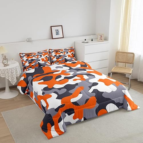 Miniatura 2 de Juego de edredón de camuflaje para niños, color naranja, gris, blanco, camuflaje, tamaño individual, para niños, adolescentes, niñas, edredón