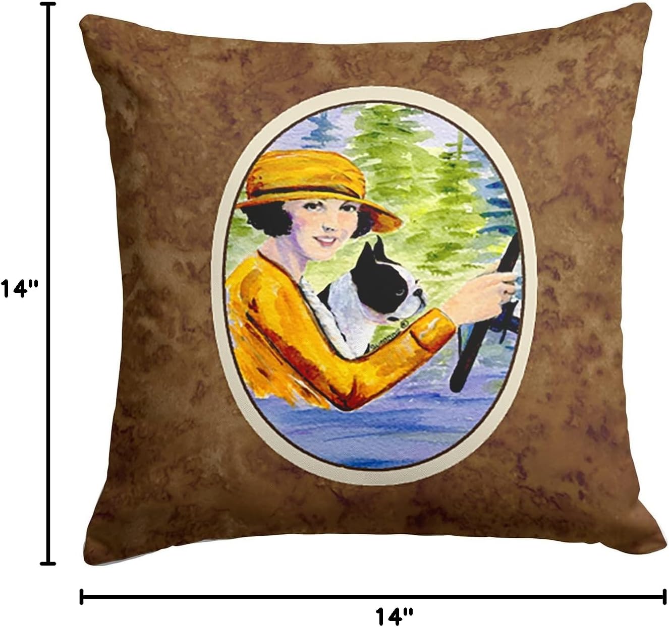 Caroline's Treasures SS8534PW1414 Woman Driving with her Boston Terrier Fabric Decorative Pillow Machine Washable, Indoor Outdoor Decorative Pillow for Couch, Bed or Patio, 14Hx14W