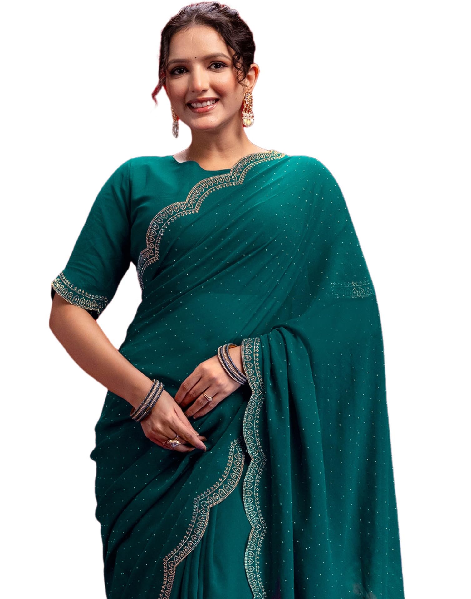 Women's Stone Work, Scalloped Border Georgette Saree With Unstitched Blouse Piece