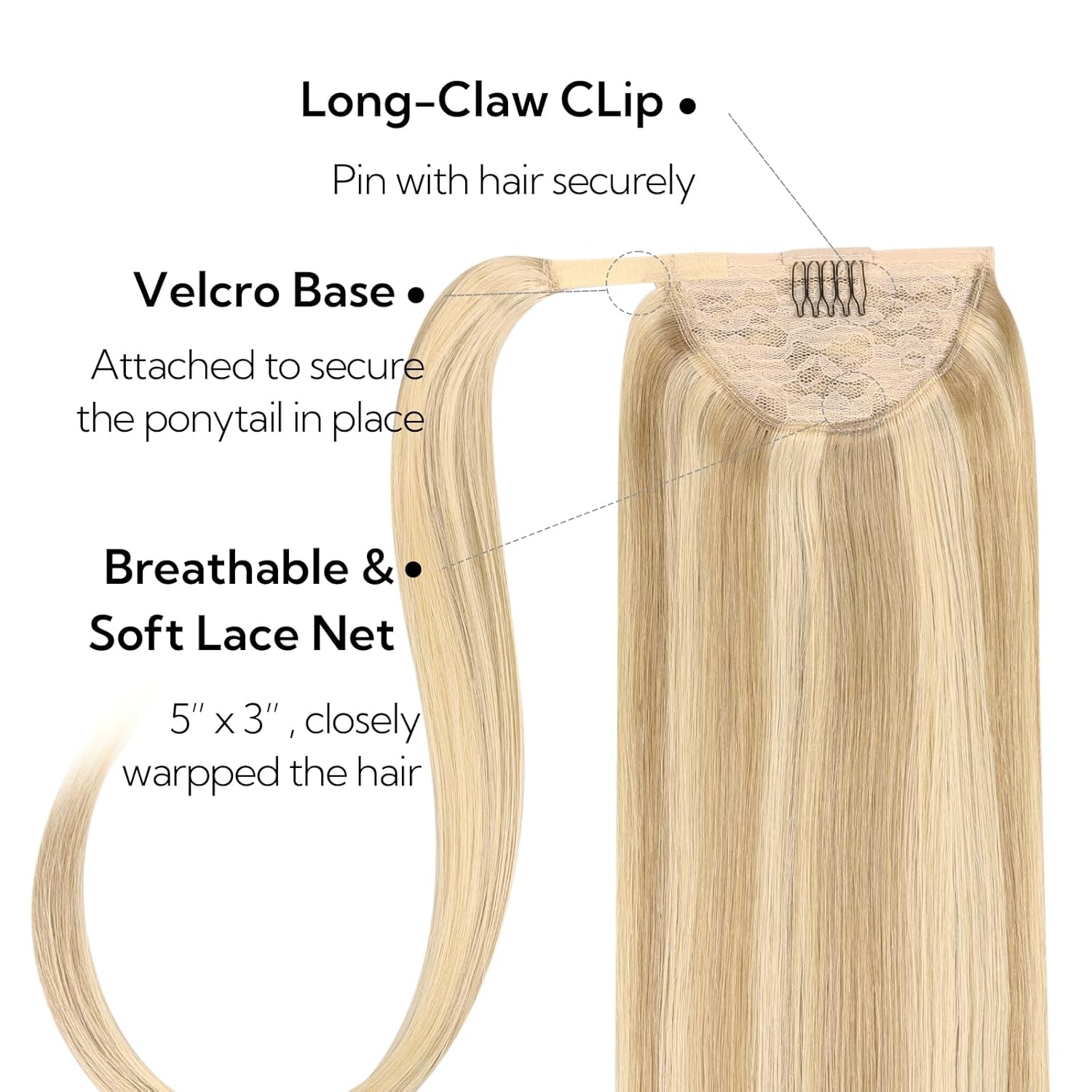 HOTBANANA Ponytail Extension, 14 Inch Ponytail Extension Human Hair Clip in Wrap Around Ponytail Hair Piece Light Blonde Highlighted Golden Blonde Long Straight Remy Human Hair Extension 75g