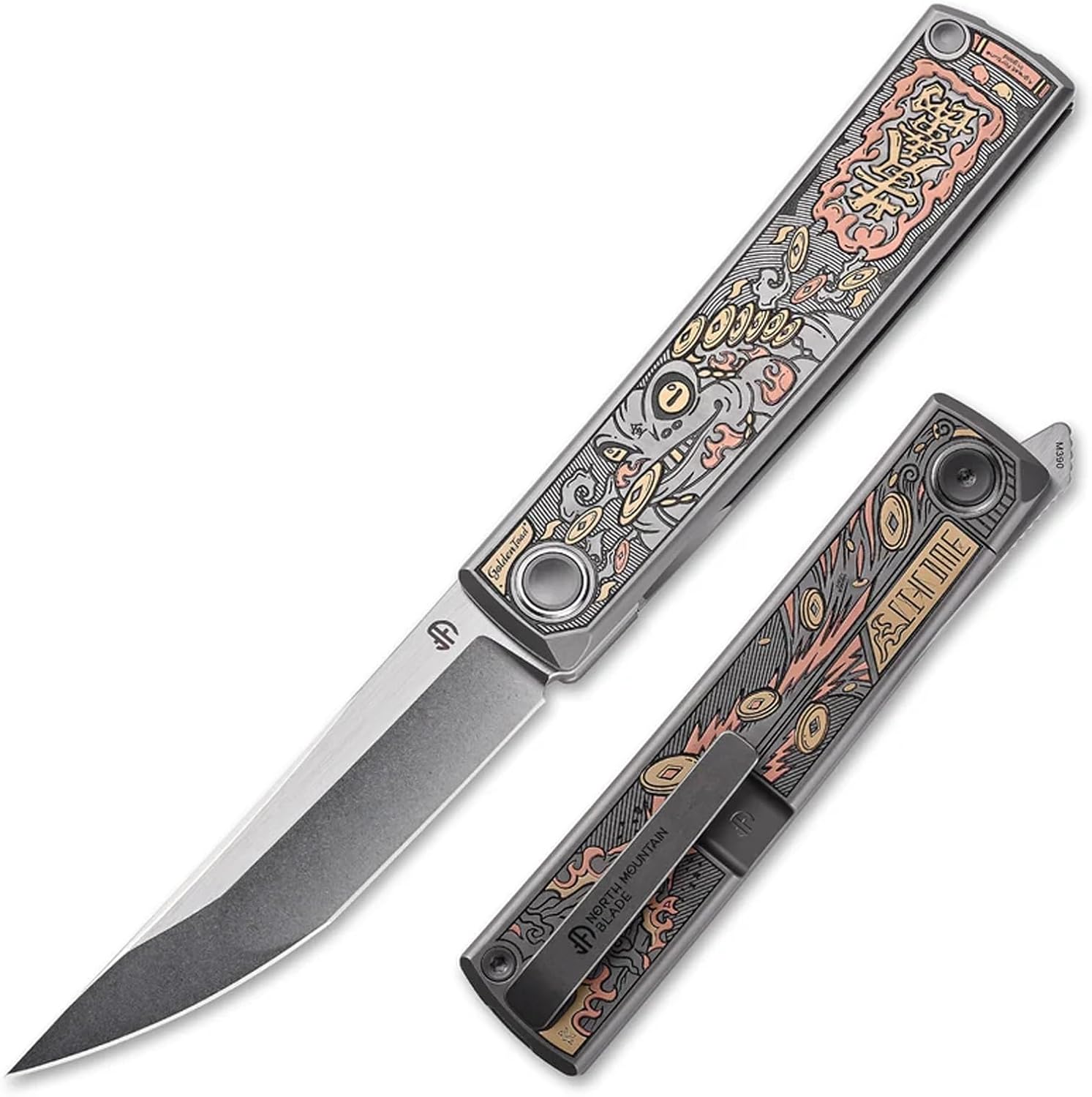 Folding Pocket Knife for Men,KAIKEN The "Golden Toad" Custom Folder "Zhao Cai Jin Bao",3.5" M390 Steel Titanium Handle Japanese Tanto Profile,Front Flipper Deployment Pocket Knife for Outdoor Camping EDC