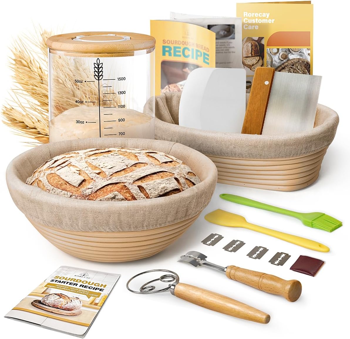 Rorecay Banneton Bread Proofing Baskets & 50oz Wide Mouth Sourdough Starter Jar Set