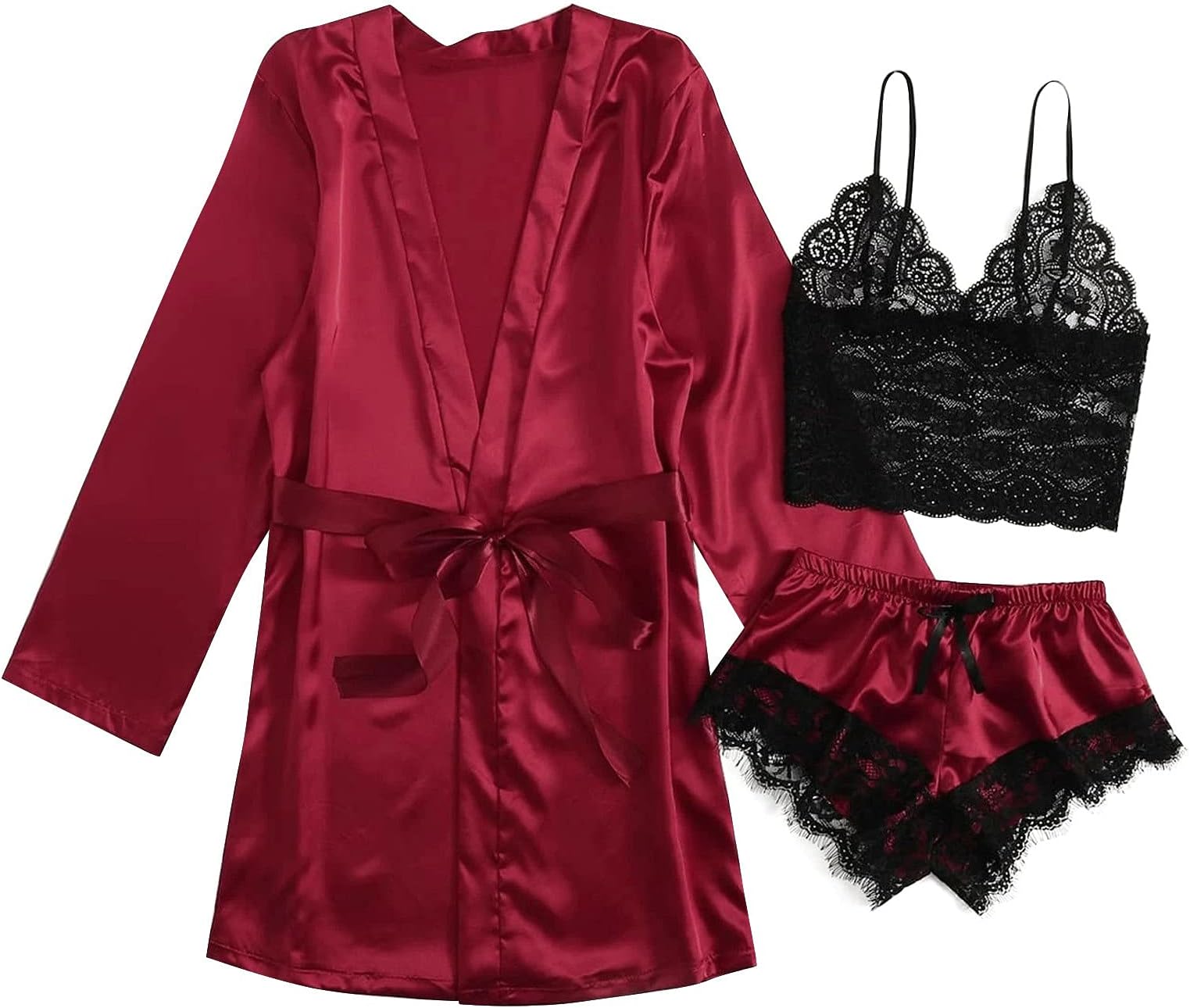 AMhomely3Pcs Women's Sleepwear Satin Silk Floral Lace Trim Cami Pajama Set with Robe